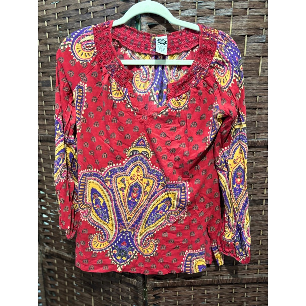 Lucky Brand Red Paisley Cotton Long‎ Sleeve Top Boho Peasant Blouse S